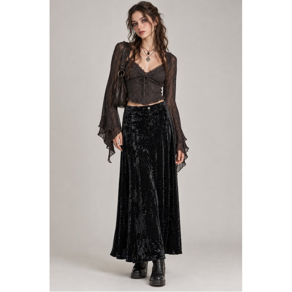 Vtg 90s Black Crushed Velvet Maxi Skirt 14 Long Soft Fairy Grunge Whimsigoth Y2K